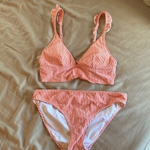 Aerie Coral and White Striped Bikini Top Small with ruffled straps